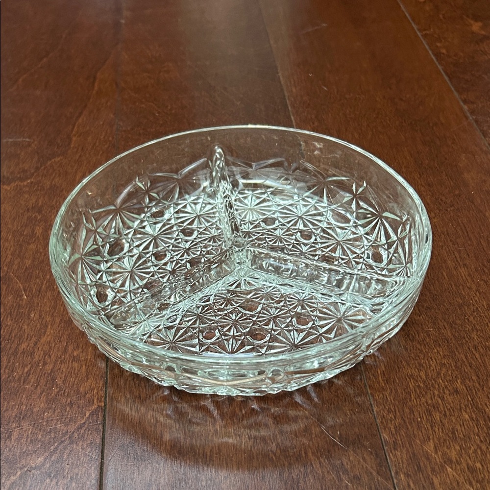 Vintage Clear Divided Glass Serving Dish with Intricate Motif